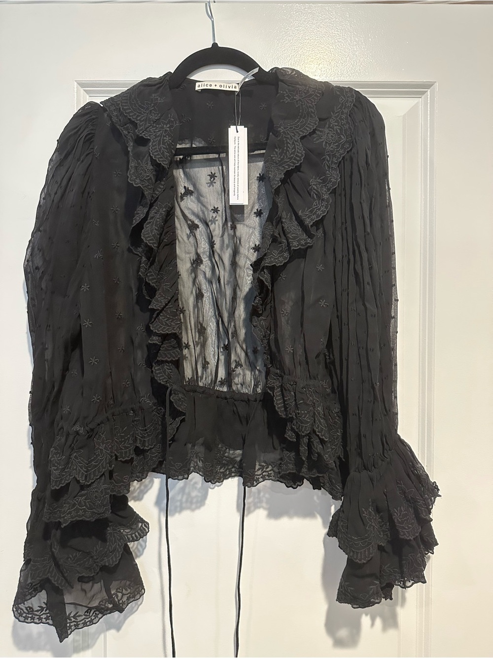 Alice and Olivia black sheer ruffle blouse with detail